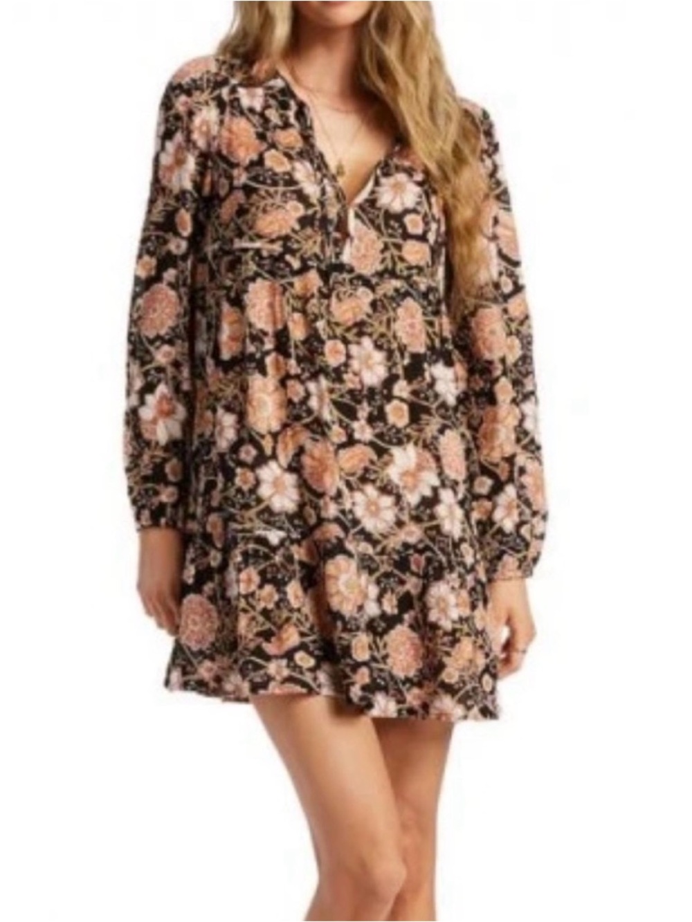 Billabong Sunset Views Black Dress with Peach Floral Pattern